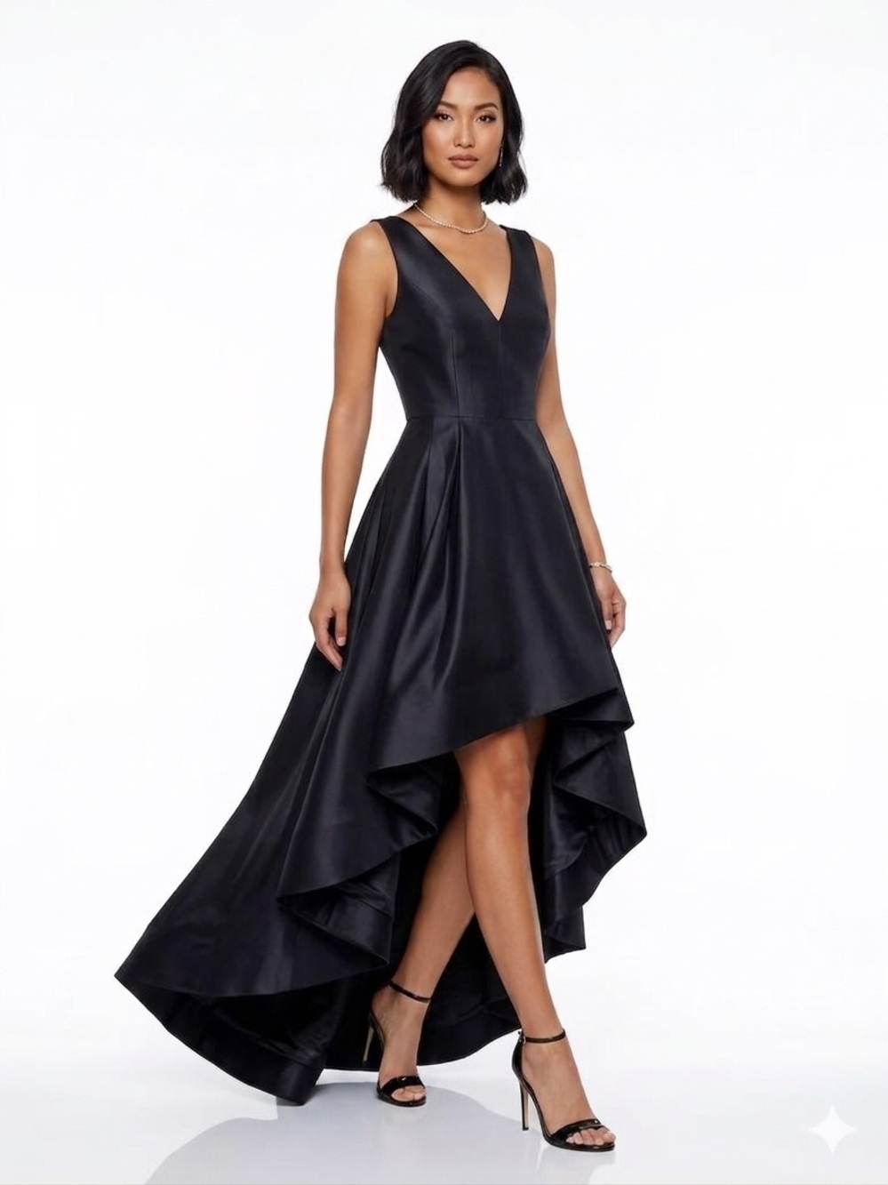 Calvin Klein V-Neck Black High-Low Satin Dress Size 6